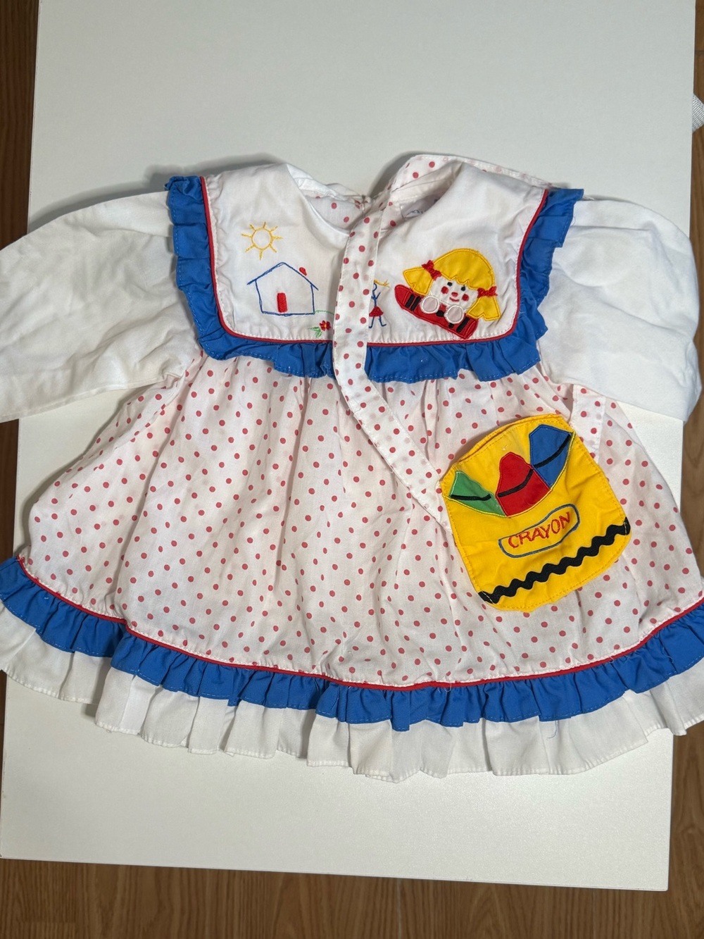 Vintage Polka Dot Crayon Applique Baby Dress - White & Blue
